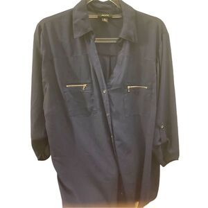 Alyx Women's M Blue V-Neck Long Sleeve Blouse w/ Gold Zipper Pockets